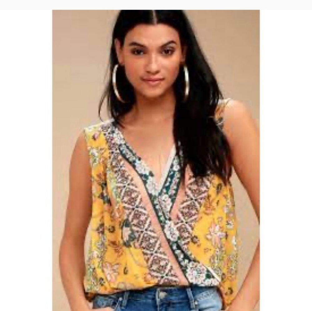 Free People size XS Havana Floral Sleeveless Faux Wrap Blouse
